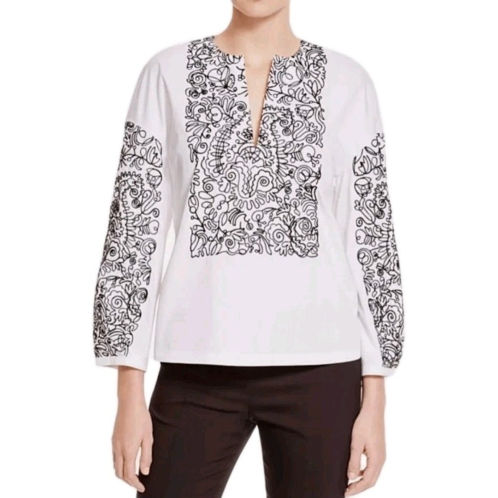 Tori Burch Women White Top Silk  Embroidered Tunic Blouse Sz 0* Coastal Luxe